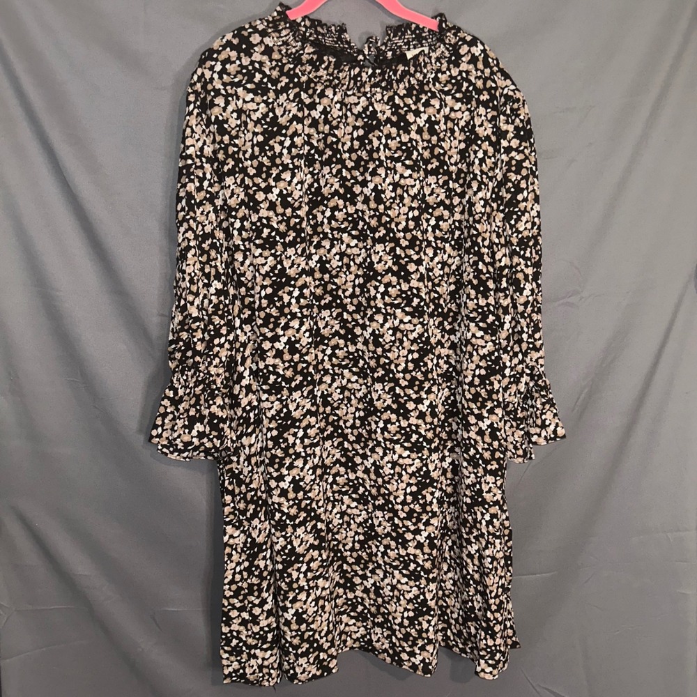 Hayden Los Angeles Black Brown Floral Print Ruffle Neck Long Sleeve Dress Sz 2XL